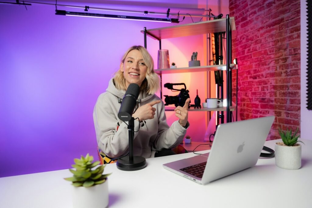 Content creator recording a video in a studio